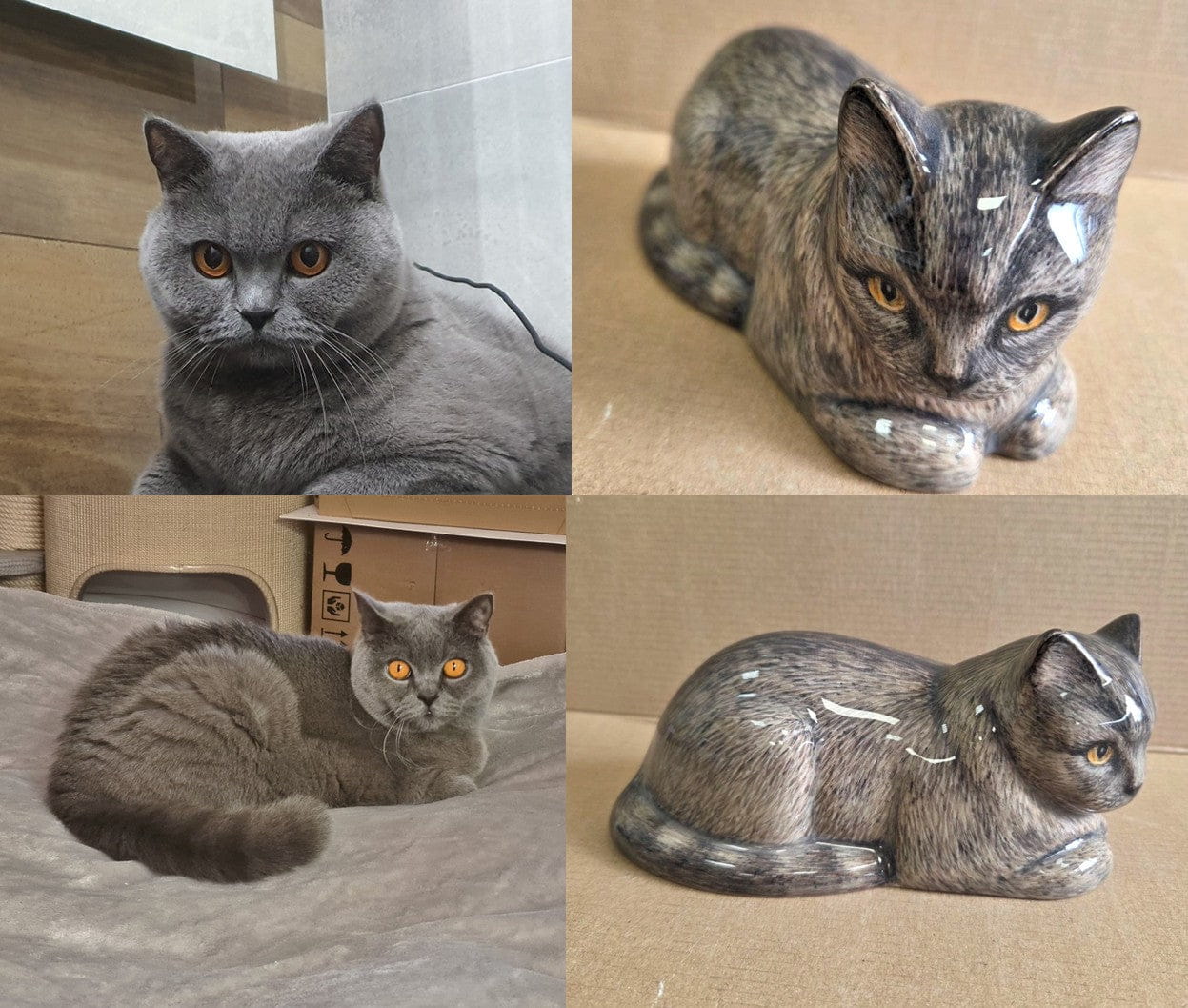 Comparison of a real cat and its ceramic urn replica by Pulvis Art Urns . Custom Decorated pet Urns