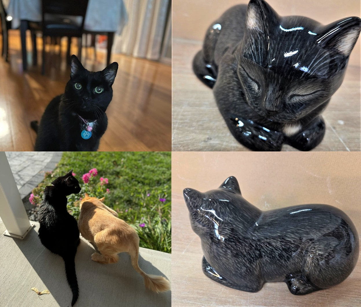 Comparison of a real cat and its ceramic urn replica by Pulvis Art Urns . Custom Decorated pet Urns