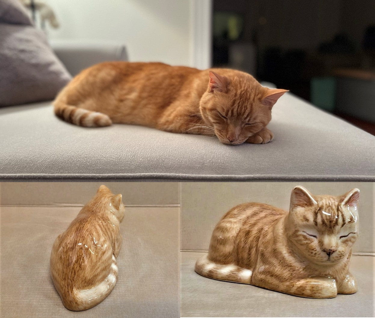 Comparison of a real cat and its ceramic urn replica by Pulvis Art Urns . Custom Decorated pet Urns