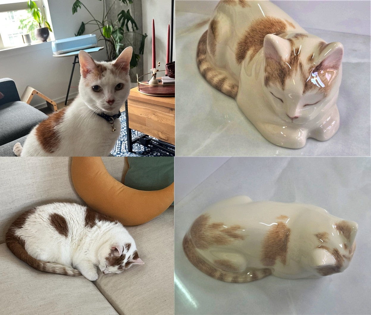 Comparison of a real cat and its ceramic urn replica by Pulvis Art Urns . Custom Decorated pet Urns