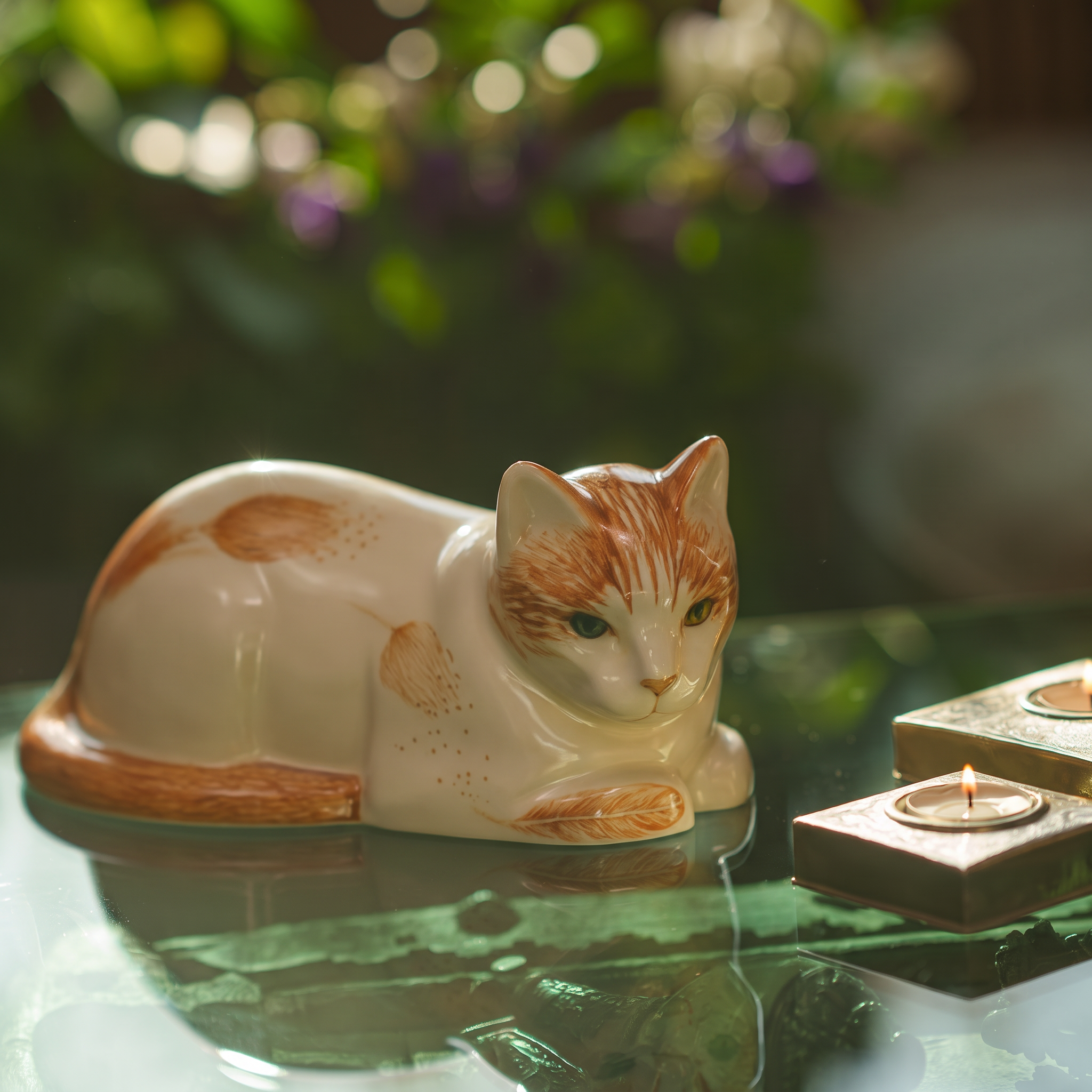 Hand Decorated Cat Urn for Ashes "Feathers" - Ceramic | Handmade Pet Urn - Pulvis Art Urns