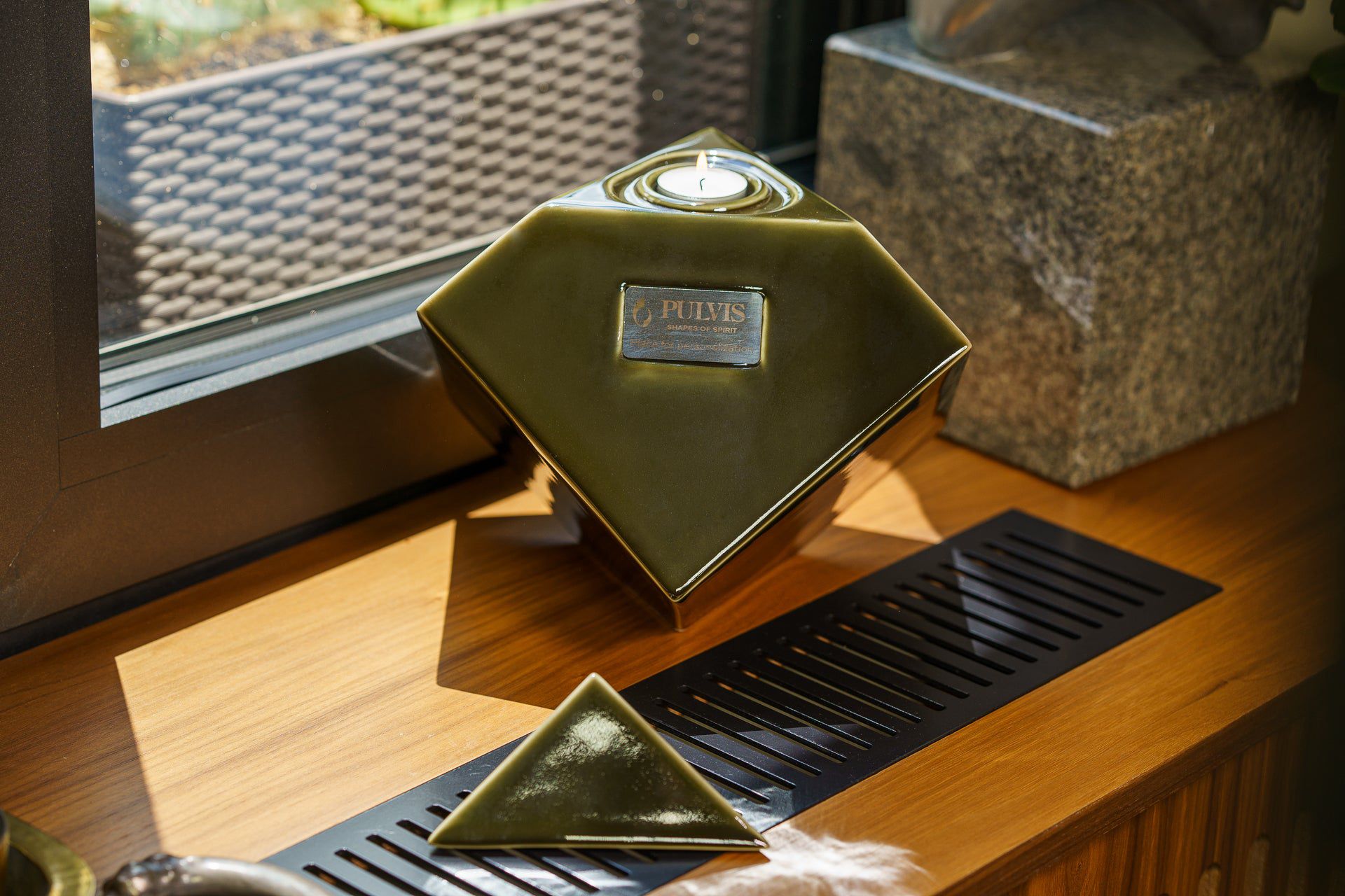 Abstract Handmade Cremation Urn for Ashes - Large | Oily Green | Ceramic Urn - Pulvis Art Urns