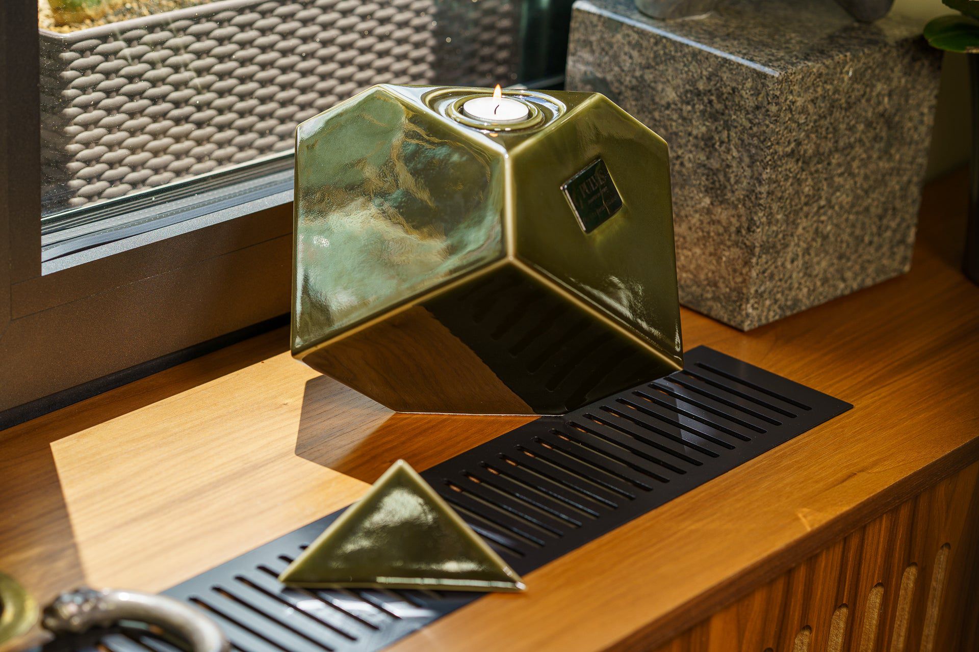 Abstract Handmade Cremation Urn for Ashes - Large | Oily Green | Ceramic Urn - Pulvis Art Urns