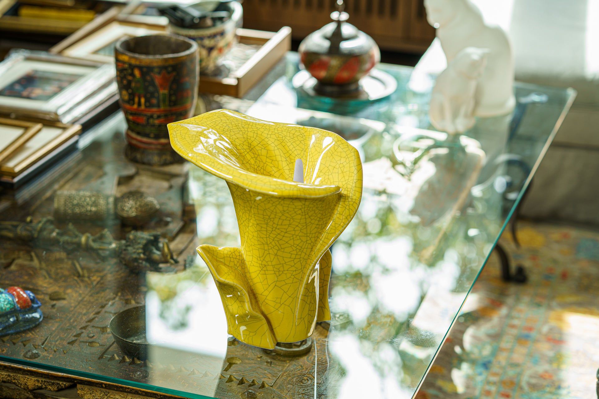 Calla Flower Memorial Urn for Ashes - Medium Urn | Yellow Craquelure - Pulvis Art Urns