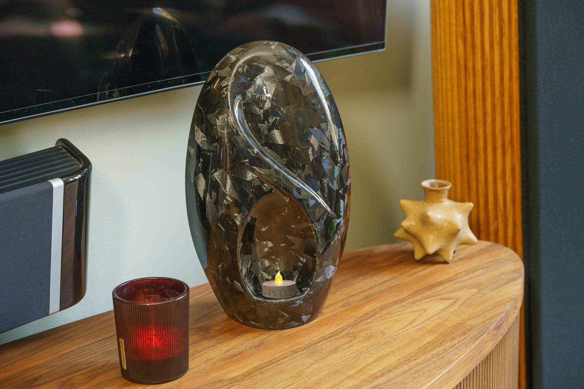 Carbon Fiber Cremation Urn "Eternity" - Forged Carbon | Black | LED Candle - Pulvis Art Urns