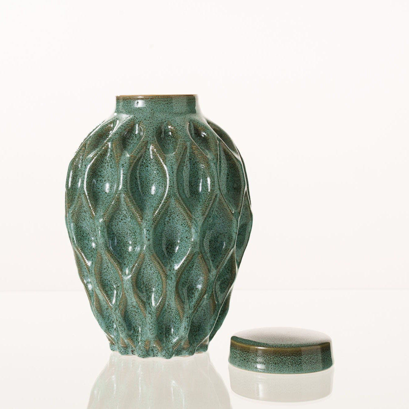 Cremation Urn "Echo" - 3D Printed Ceramic Urn | Oily Green Melange | Large - Pulvis Art Urns