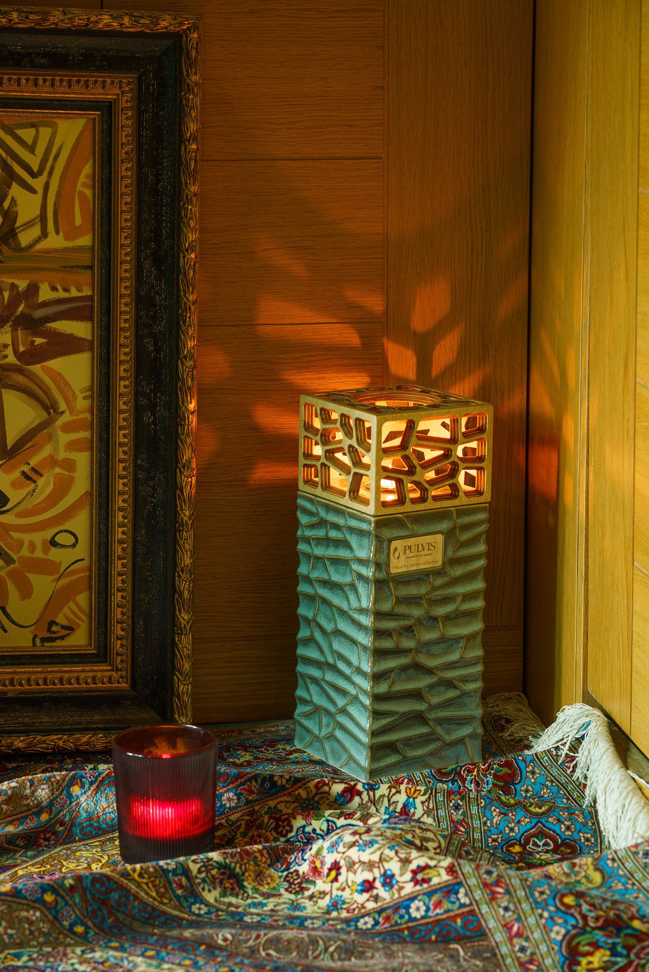 "Everlasting Flame" Cremation Urn for Ashes - Oily Green Melange | Ceramic Urn - Pulvis Art Urns