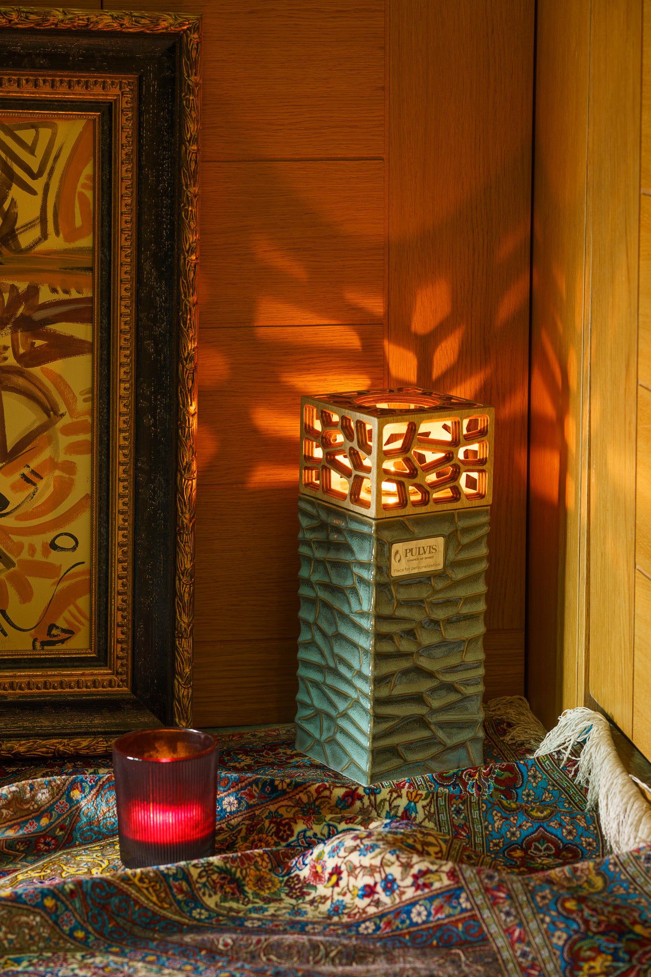 "Everlasting Flame" Cremation Urn for Ashes - Oily Green Melange | Ceramic Urn - Pulvis Art Urns