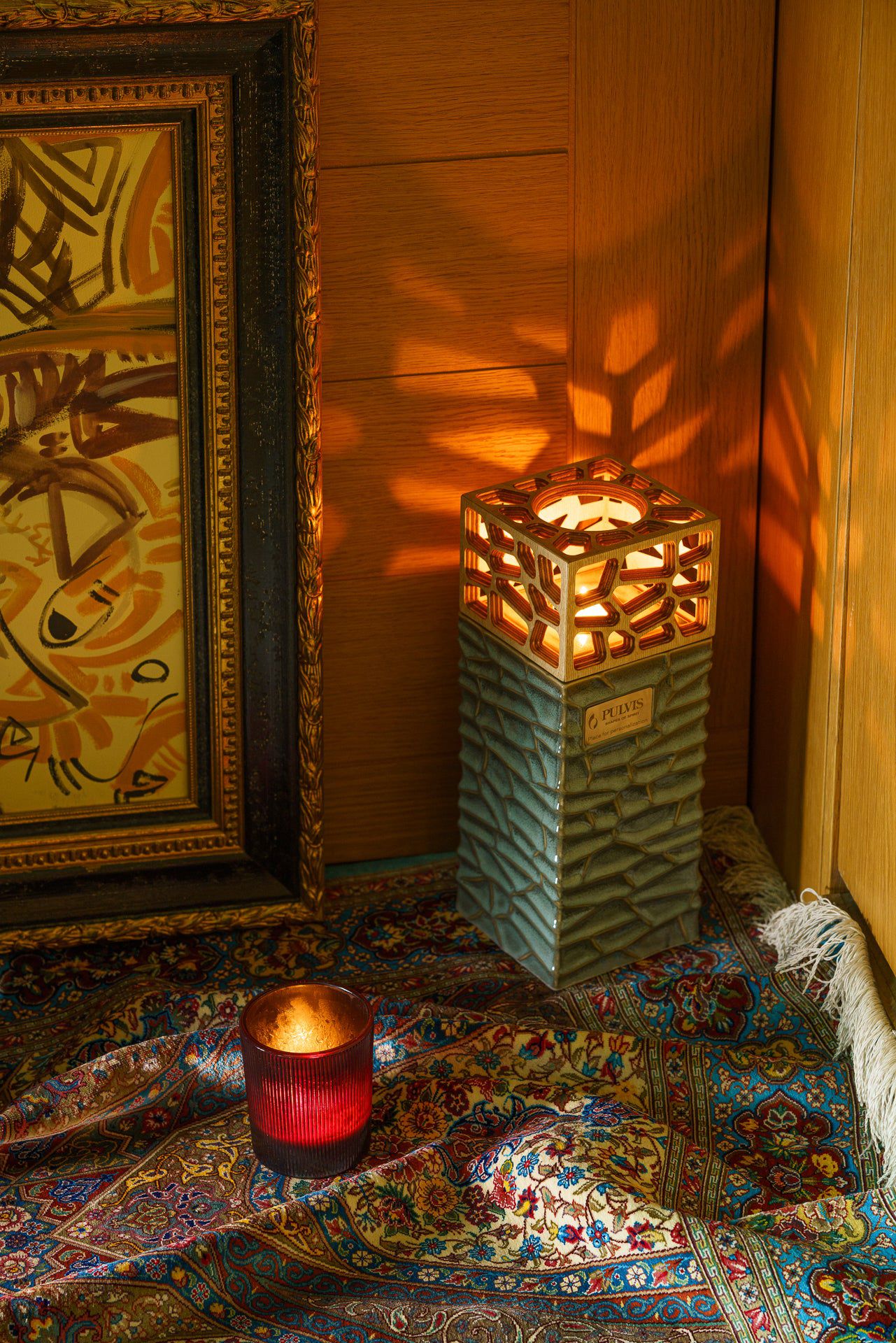 "Everlasting Flame" Cremation Urn for Ashes - Oily Green Melange | Ceramic Urn - Pulvis Art Urns