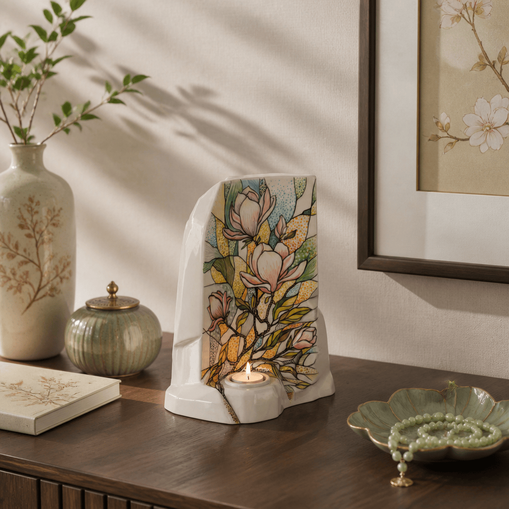 Pulvis Art Urns Adult Size Urn Hand Decorated Urn for Ashes "Magnolia" - Large | Ceramic