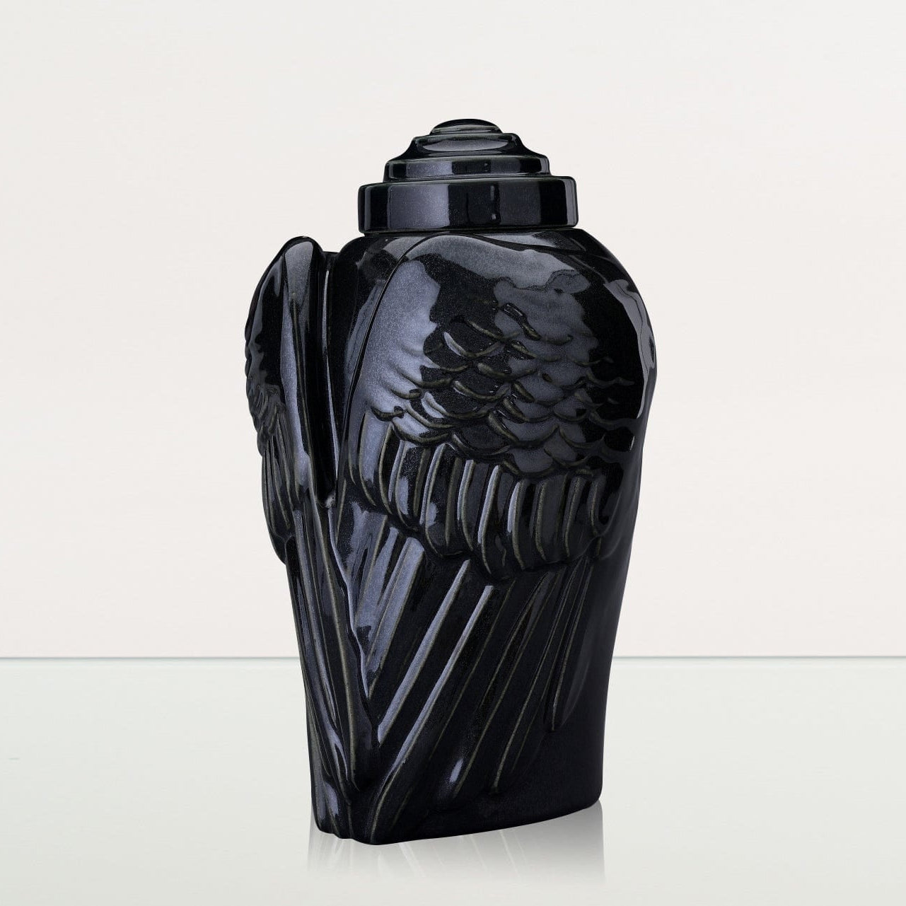 Handmade Cremation Urn for Ashes "Wings" - Large | Black Gloss | Ceramic Urn - Pulvis Art Urns