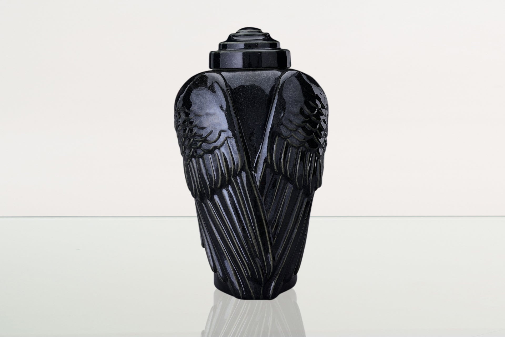 Handmade Cremation Urn for Ashes "Wings" - Large | Black Gloss | Ceramic Urn - Pulvis Art Urns