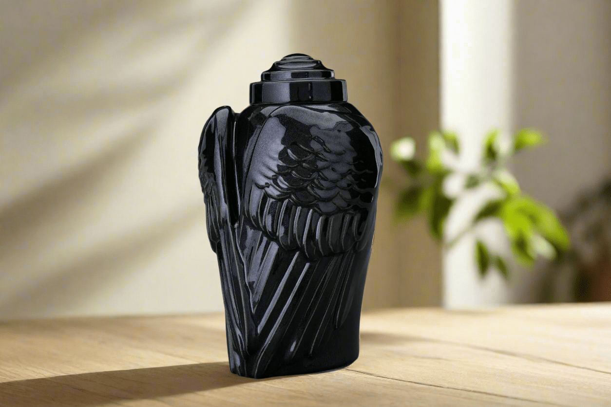 Handmade Cremation Urn for Ashes "Wings" - Large | Black Gloss | Ceramic Urn - Pulvis Art Urns
