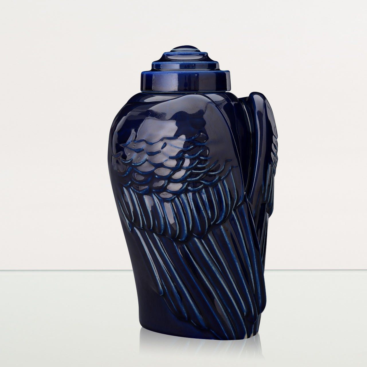 Handmade Cremation Urn for Ashes "Wings" - Large | Cobalt Metallic | Ceramic Urn - Pulvis Art Urns