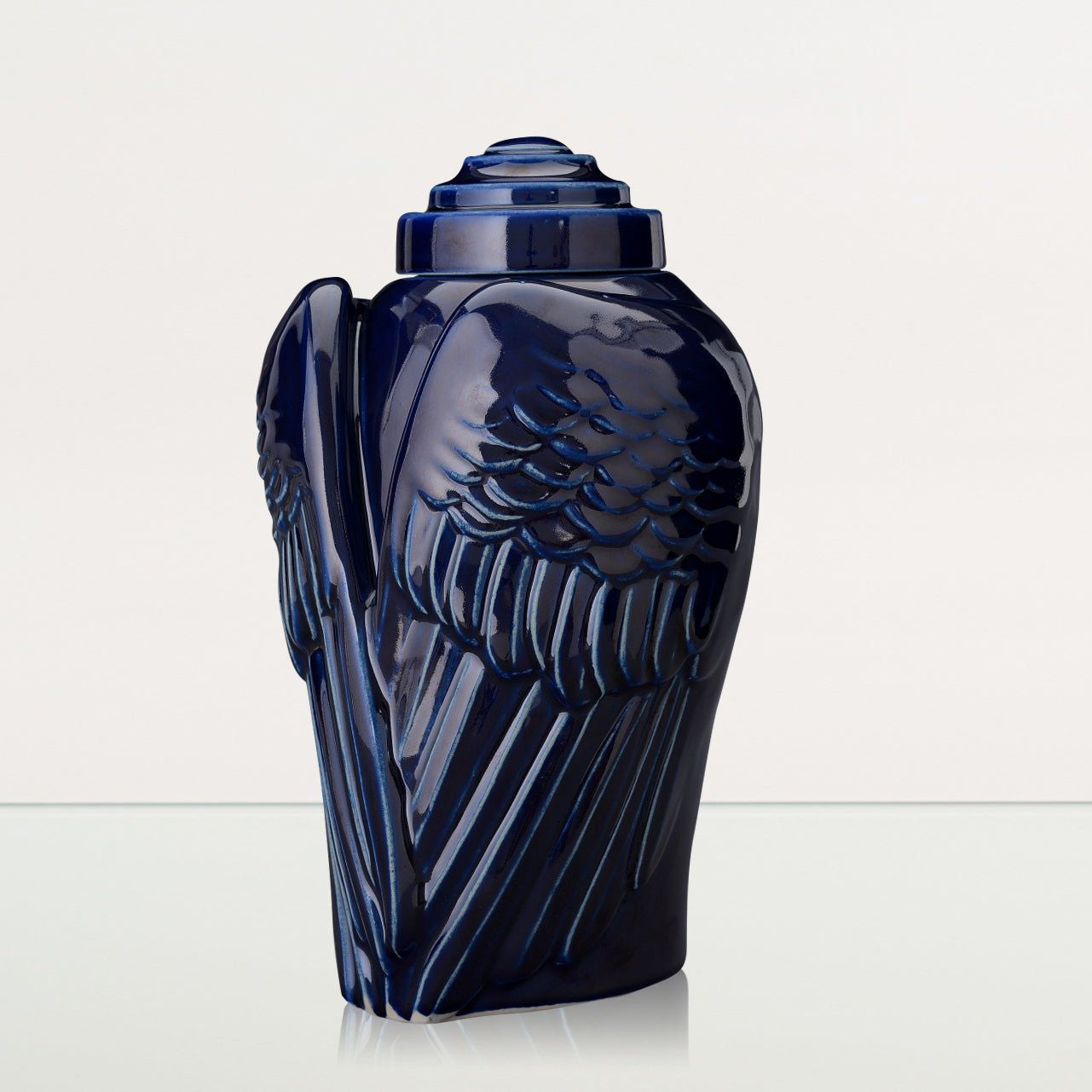 Handmade Cremation Urn for Ashes "Wings" - Large | Cobalt Metallic | Ceramic Urn - Pulvis Art Urns