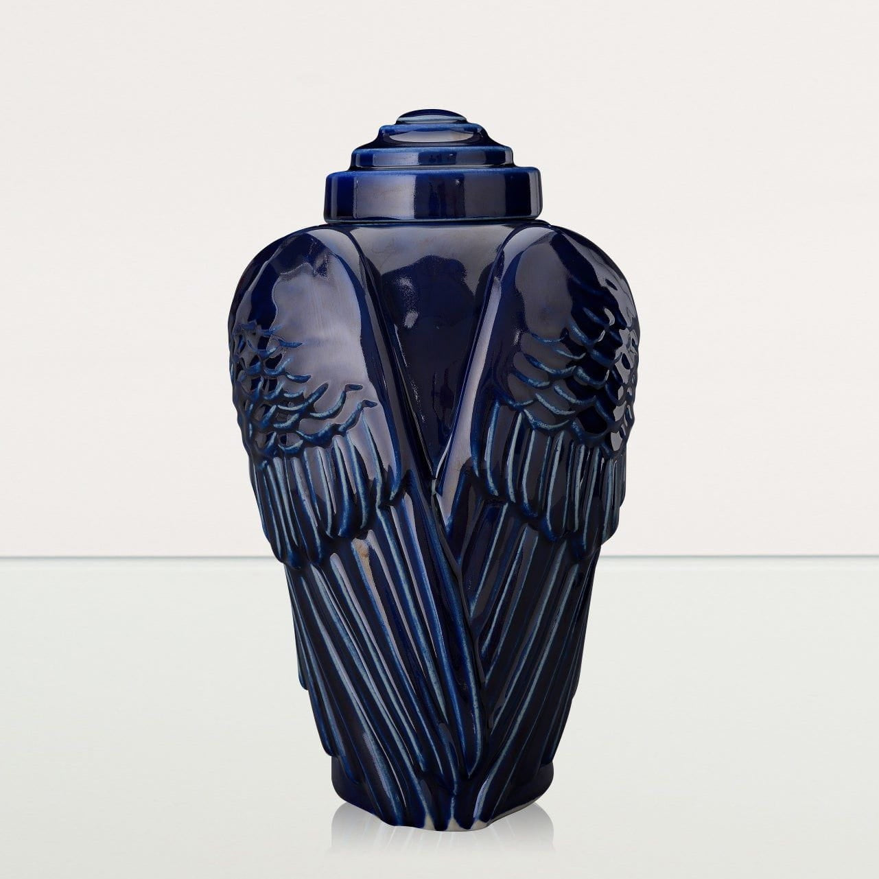 Handmade Cremation Urn for Ashes "Wings" - Large | Cobalt Metallic | Ceramic Urn - Pulvis Art Urns