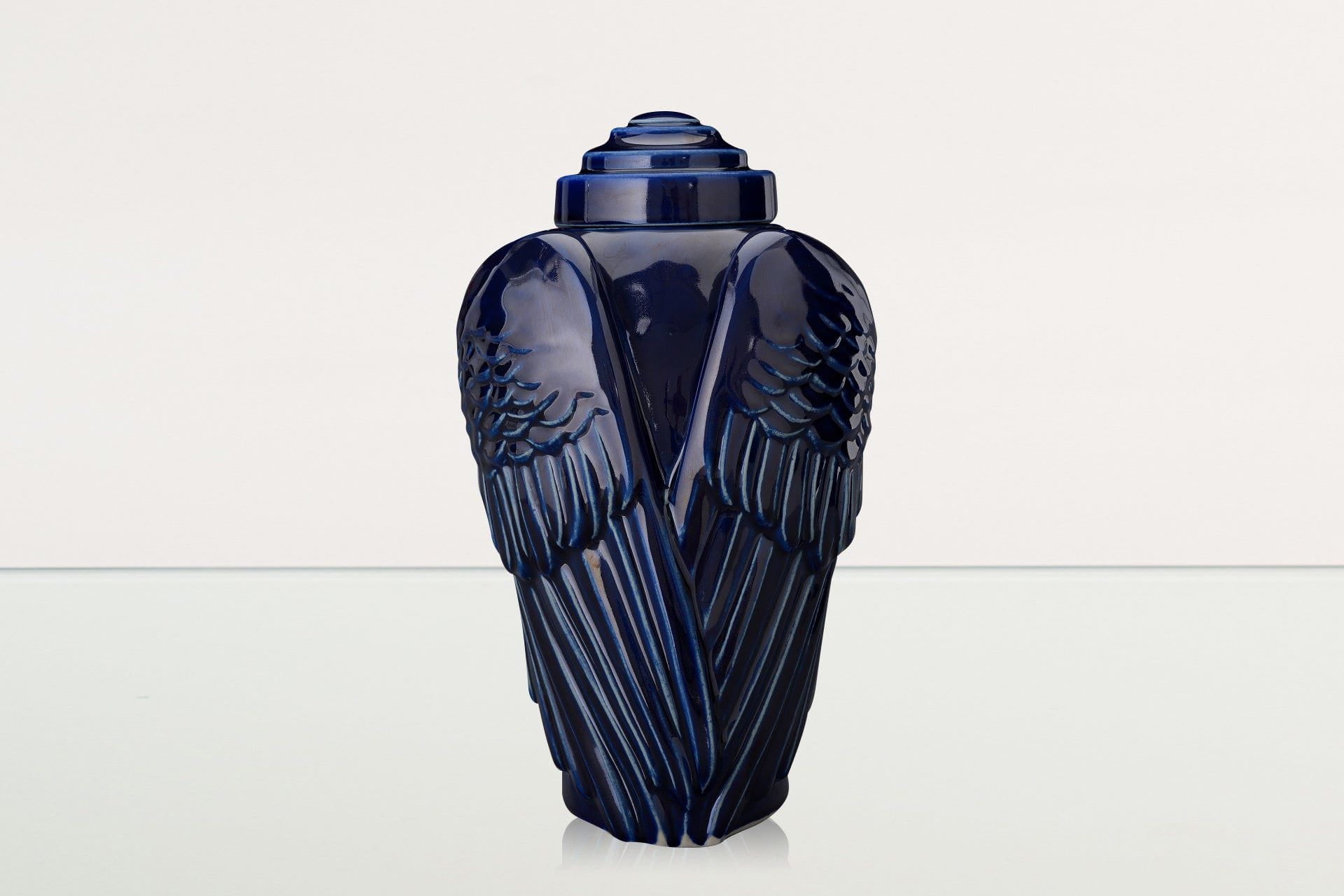 Handmade Cremation Urn for Ashes "Wings" - Large | Cobalt Metallic | Ceramic Urn - Pulvis Art Urns