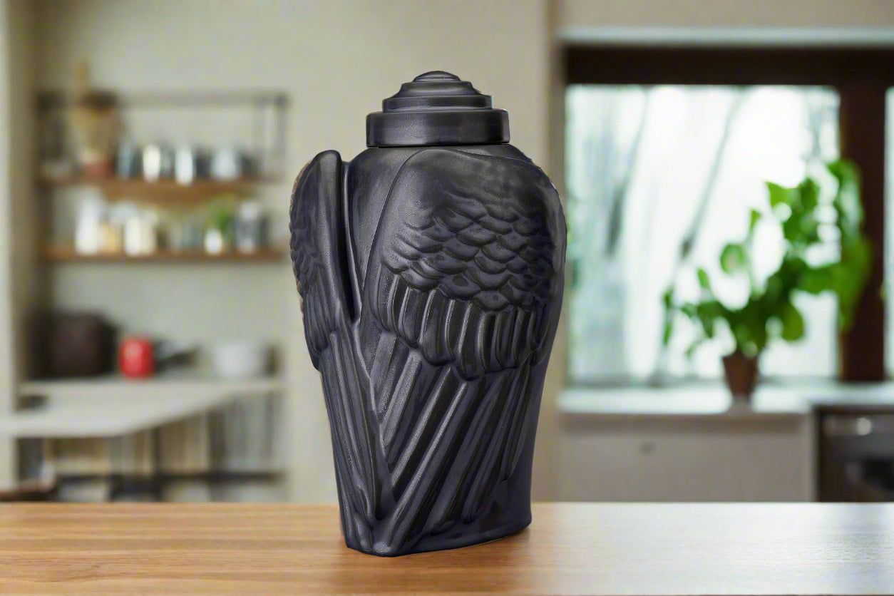 Handmade Cremation Urn for Ashes "Wings" - Large | Dark Matte | Ceramic Art Urn - Pulvis Art Urns
