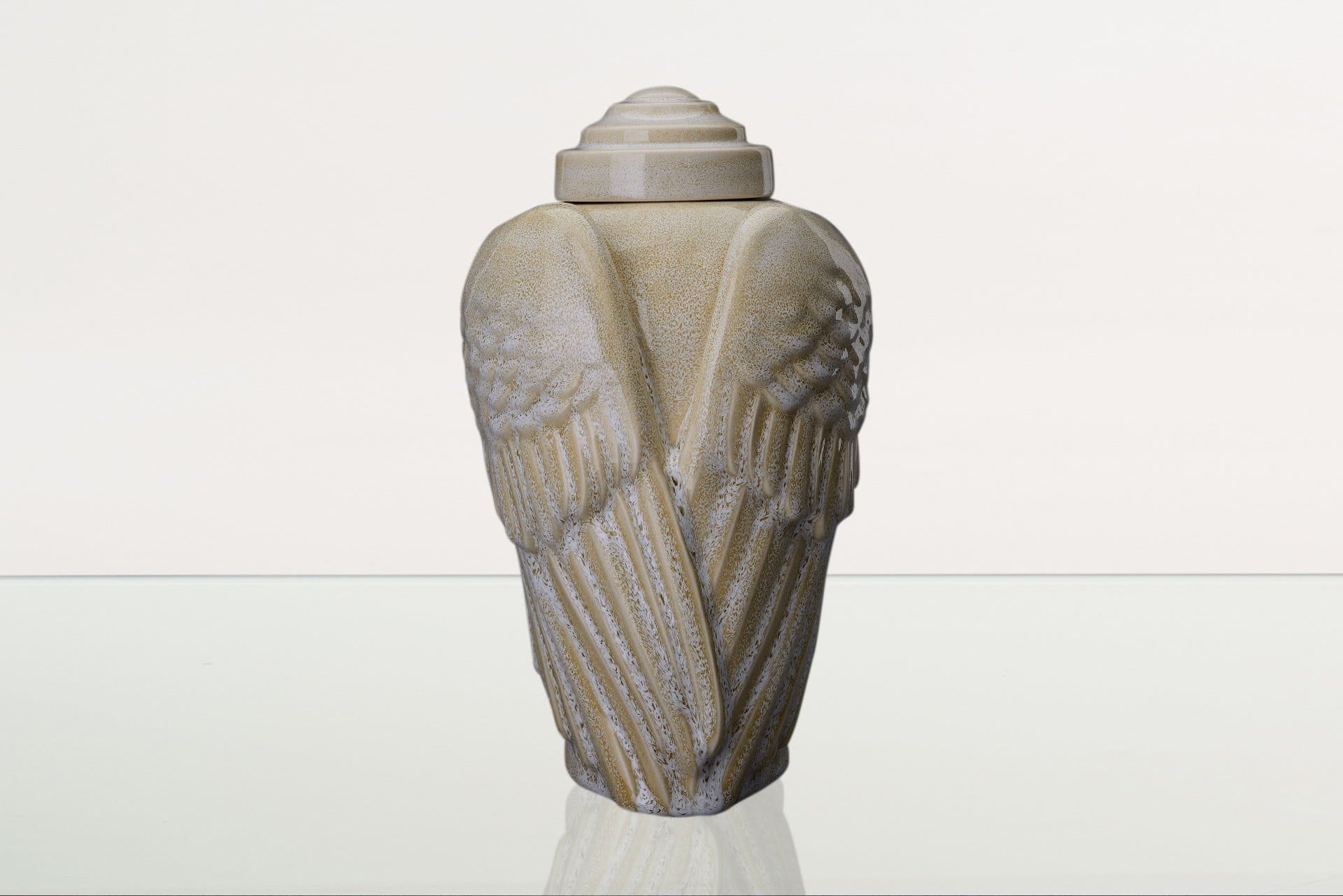 Handmade Cremation Urn for Ashes "Wings" - Large | Light Sand Melange | Ceramic Urn - Pulvis Art Urns