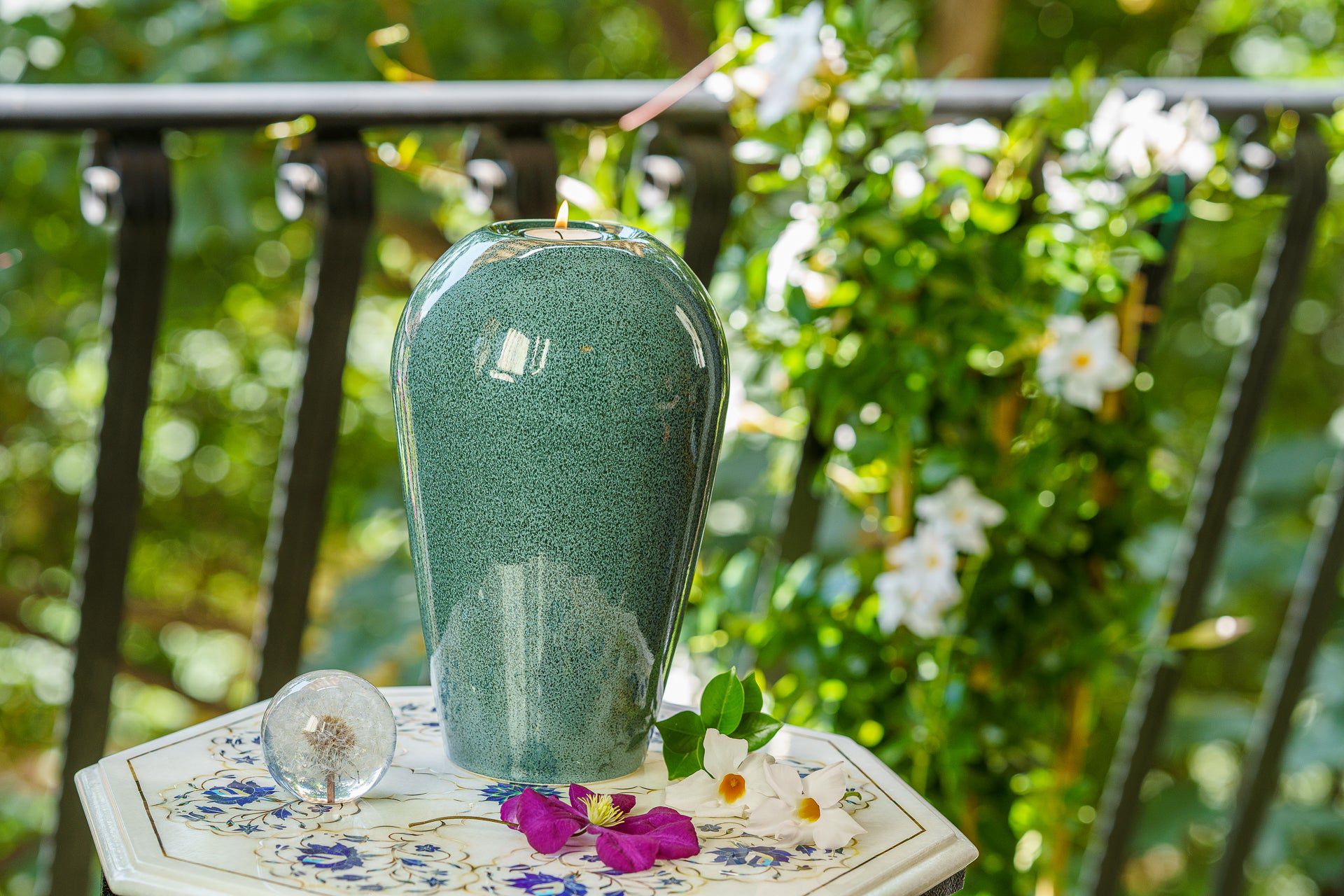 Memorial Cremation Urn "Serenity" - Large | Oily Green Melange | Ceramic Urn - Pulvis Art Urns