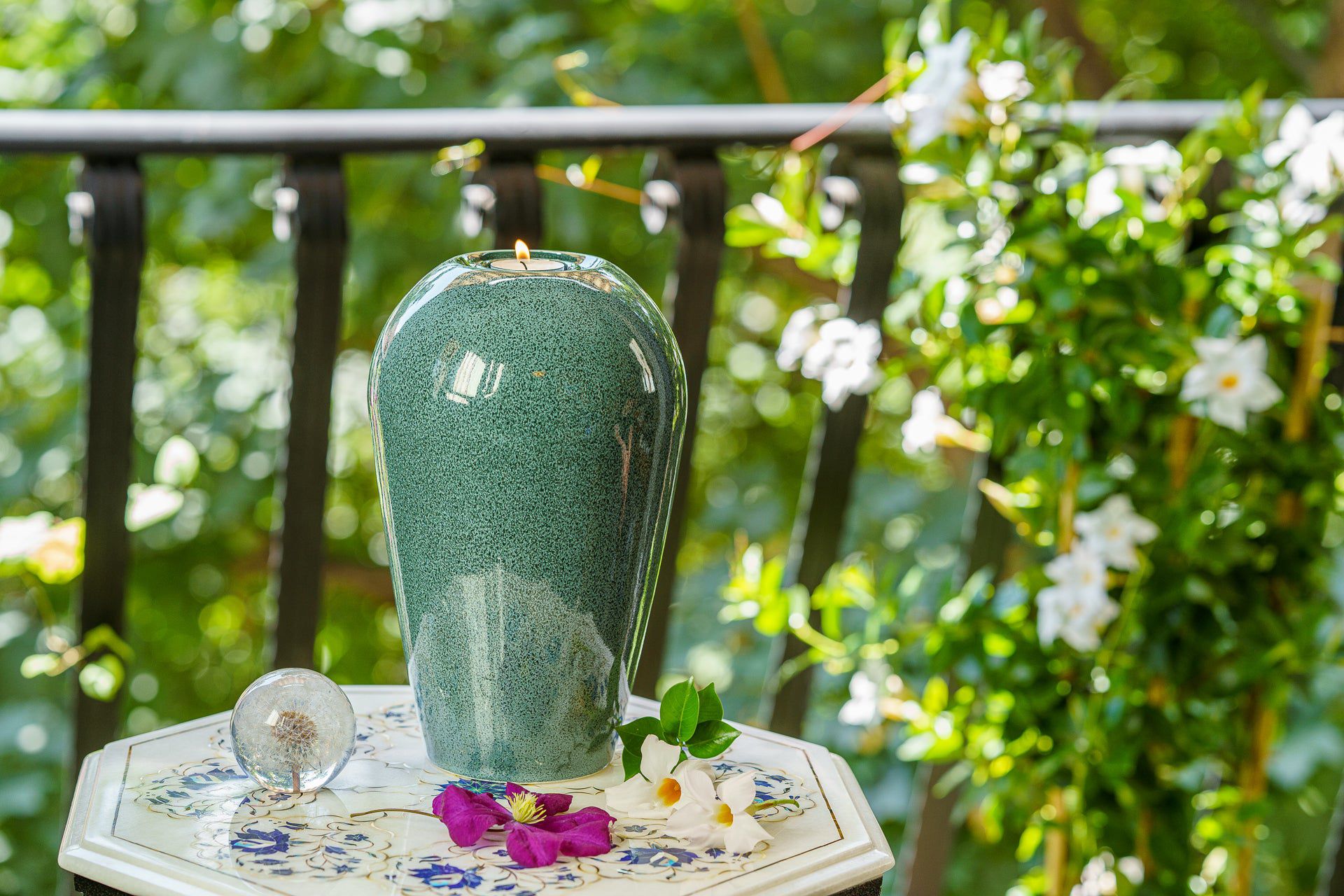 Memorial Cremation Urn "Serenity" - Large | Oily Green Melange | Ceramic Urn - Pulvis Art Urns