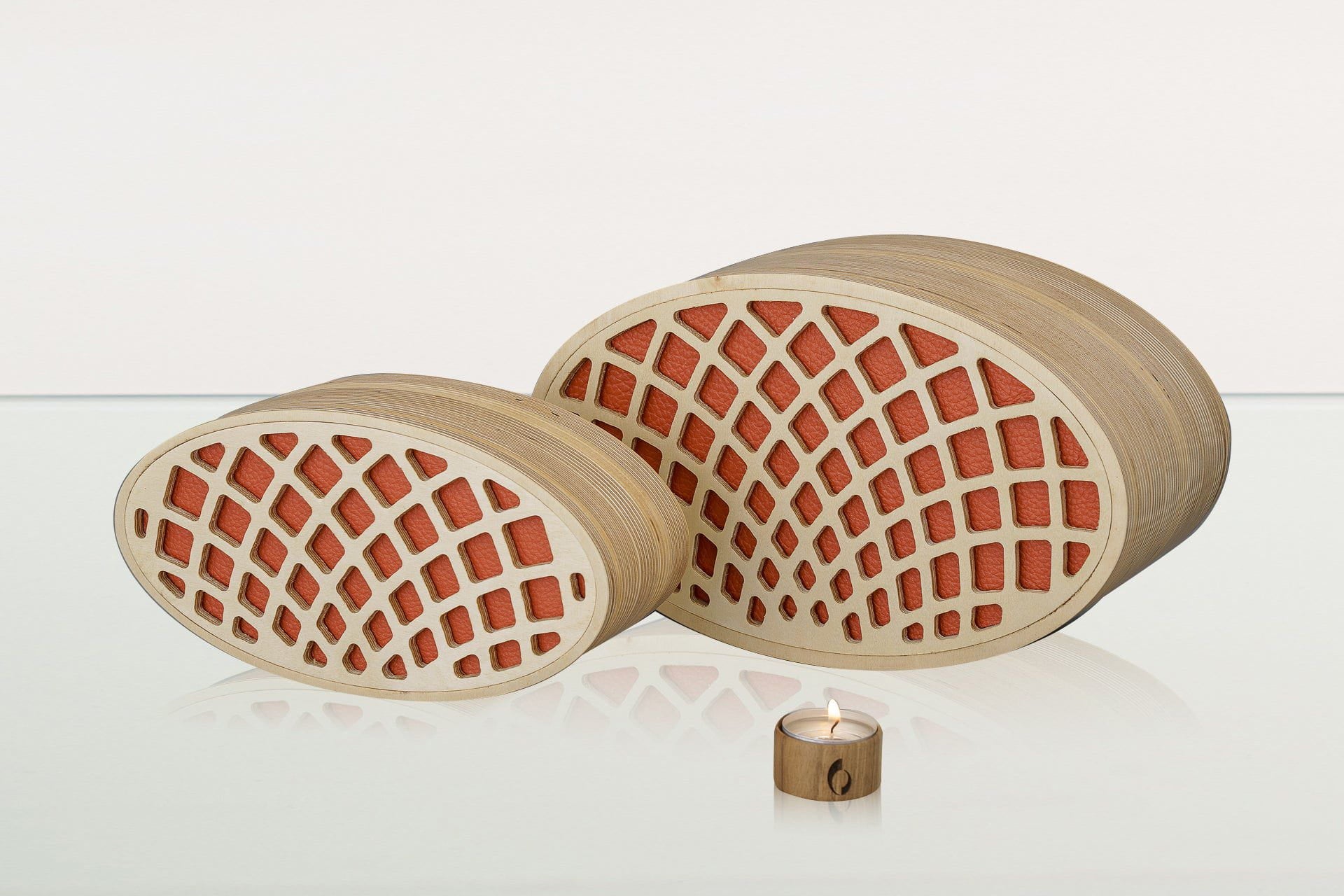 Wooden Cremation Urn "Remembrance" - Handmade - Orange Leather - Pulvis Art Urns