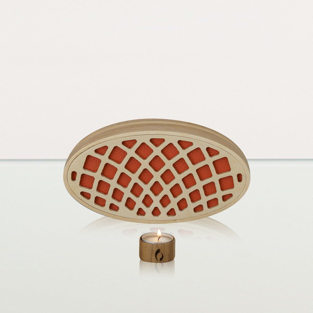 Wooden Cremation Urn "Remembrance" - Handmade - Orange Leather - Pulvis Art Urns