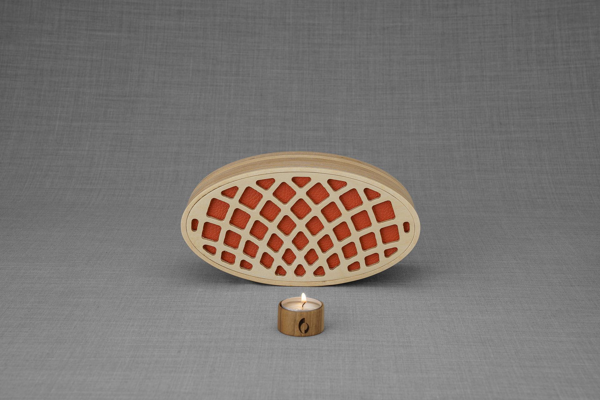 Wooden Cremation Urn "Remembrance" - Handmade - Orange Leather - Pulvis Art Urns