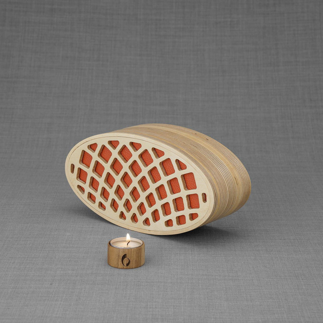 Wooden Cremation Urn "Remembrance" - Handmade - Orange Leather - Pulvis Art Urns