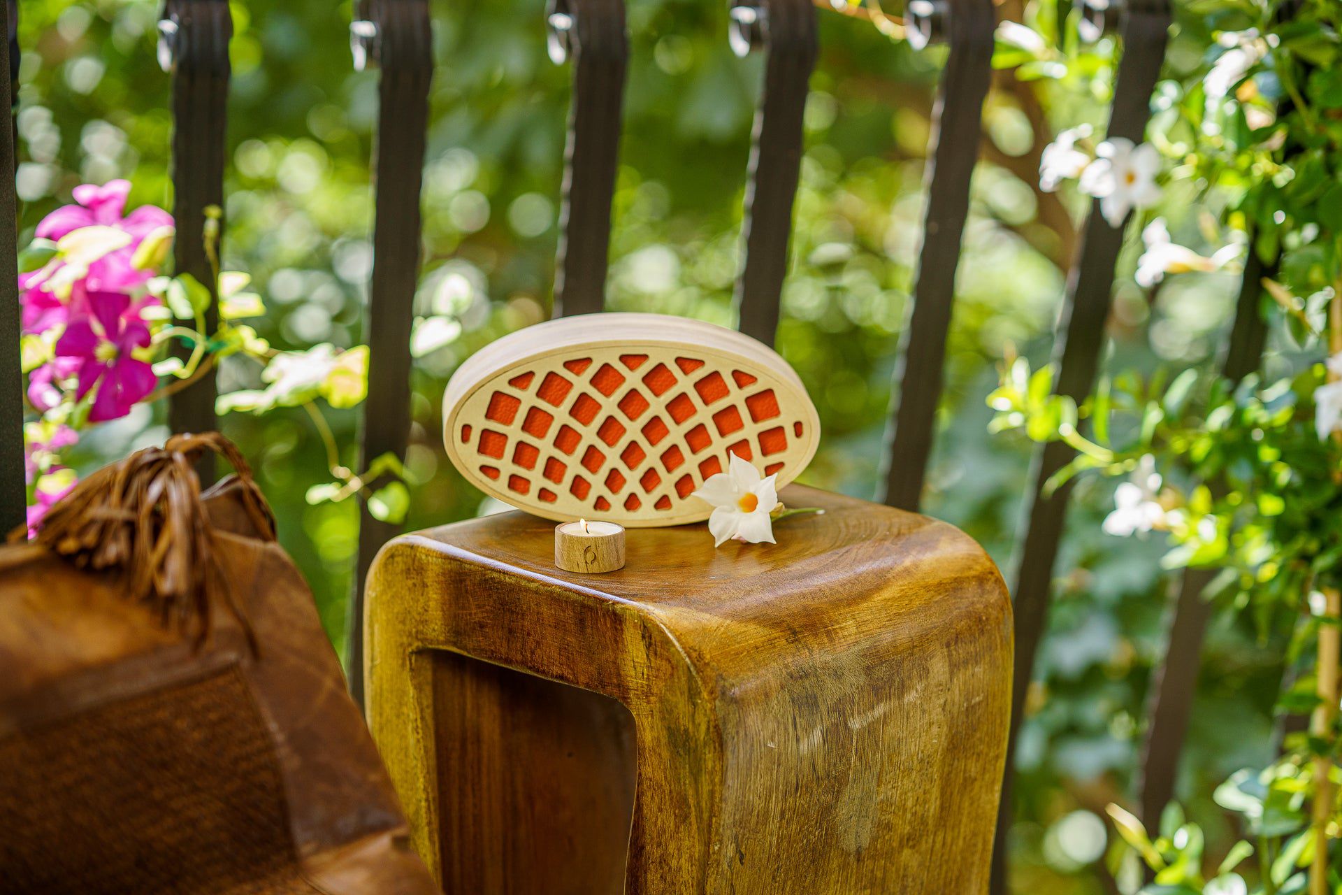 Wooden Cremation Urn "Remembrance" - Handmade - Orange Leather - Pulvis Art Urns