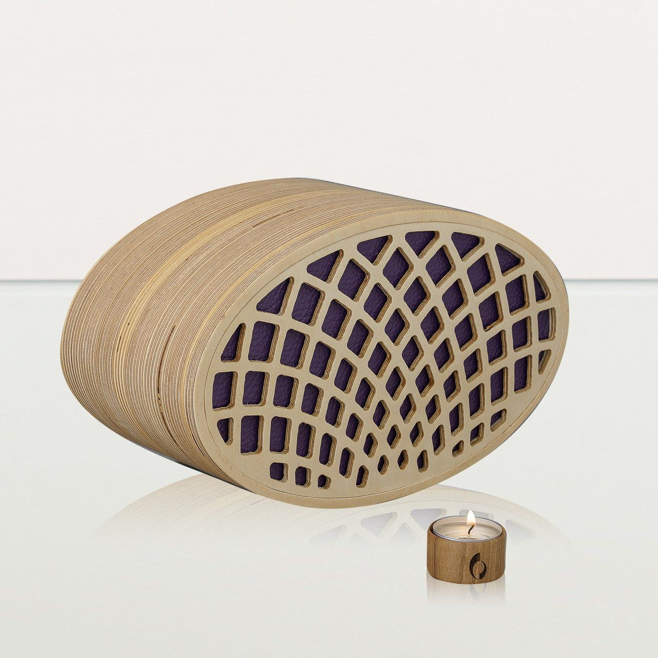 Wooden Cremation Urn "Remembrance" - Handmade - Purple Leather - Pulvis Art Urns