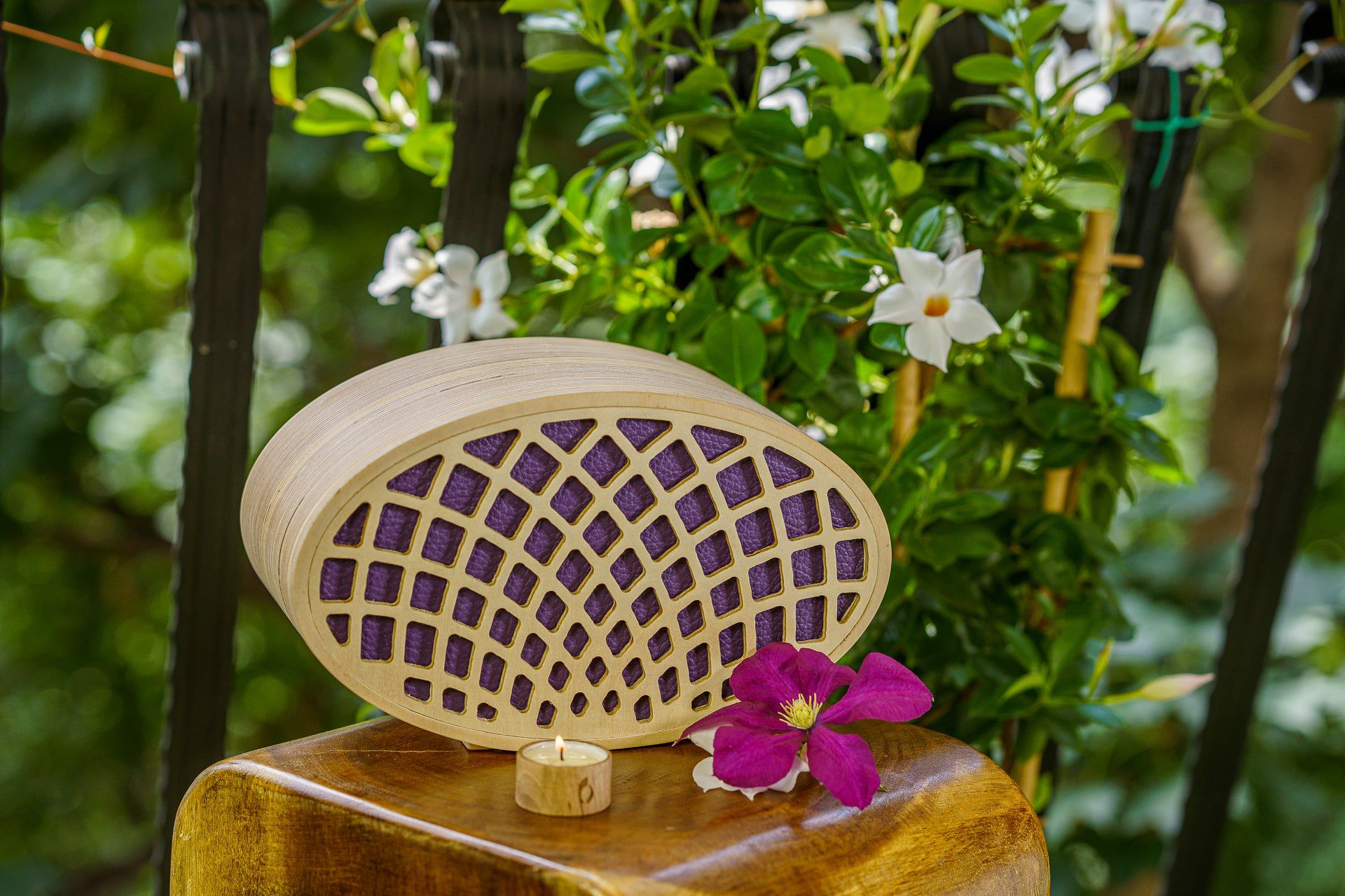 Wooden Cremation Urn "Remembrance" - Handmade - Purple Leather - Pulvis Art Urns