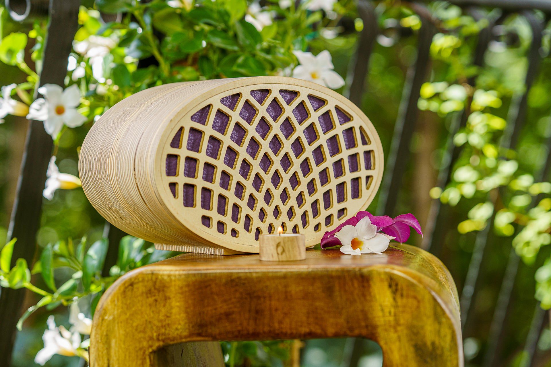 Wooden Cremation Urn "Remembrance" - Handmade - Purple Leather - Pulvis Art Urns