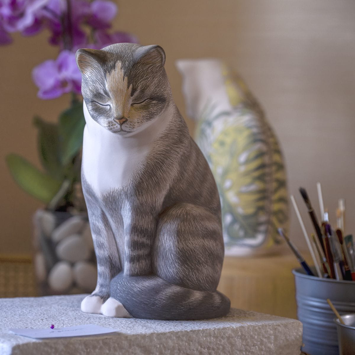 Pulvis Art Urns Custom Pet Urn Custom Decorated Pet Urn - Handmade | Neko - Sitting Cat | Ceramic Pet Urn