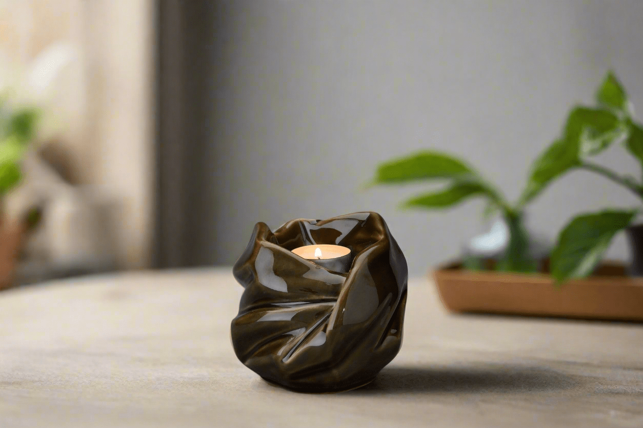 Cremation Keepsake Urn For Ashes With Candle | Oily Green | Ceramic Urn - Pulvis Art Urns