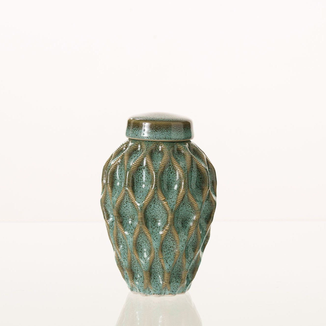 Cremation Urn "Echo" - 3D Printed Ceramic Urn | Oily Green Melange | Keepsake - Pulvis Art Urns