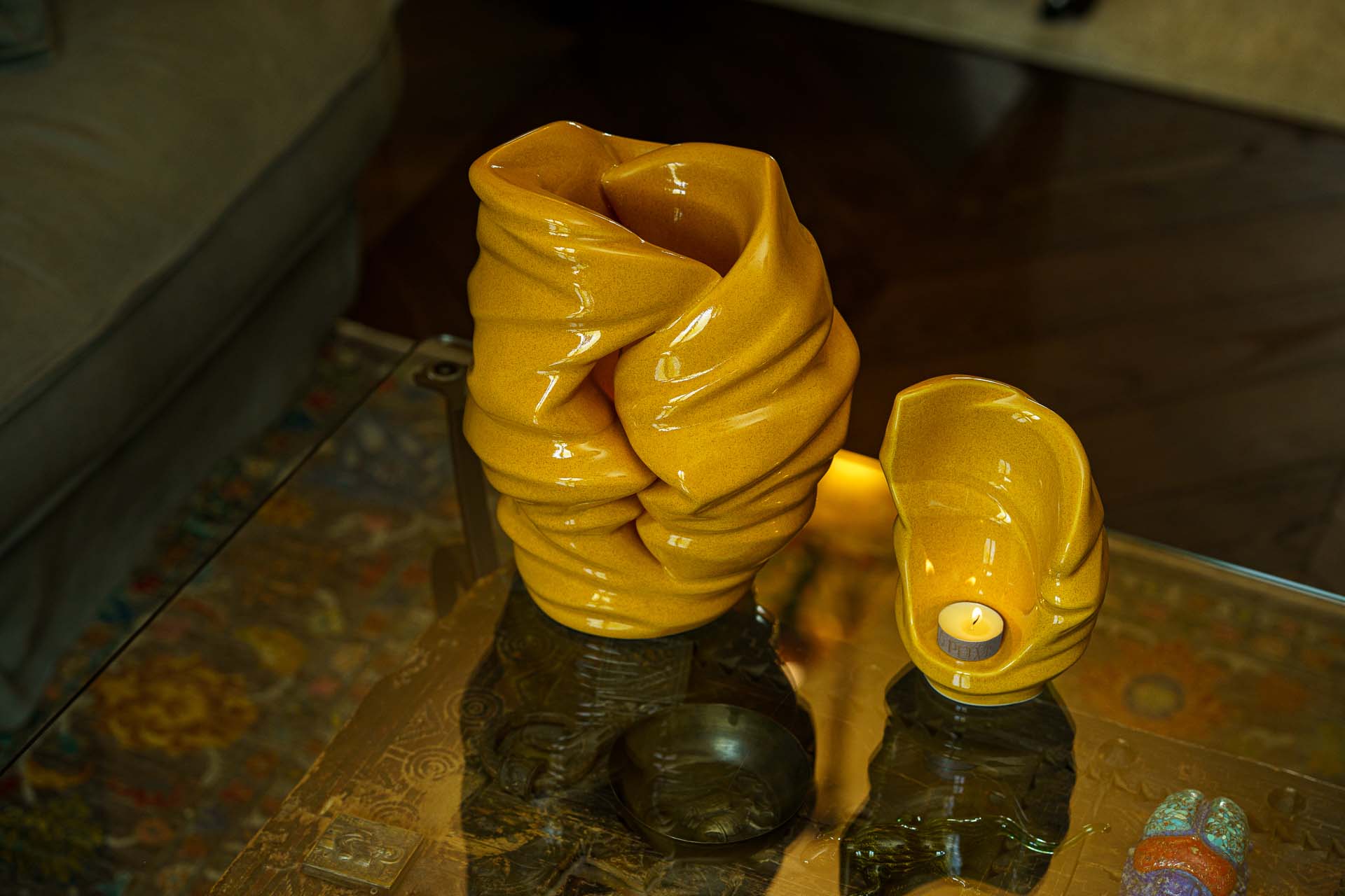 Handmade Cremation Keepsake Urn "Light" - Small Urn | Amber Yellow | Ceramic - Pulvis Art Urns