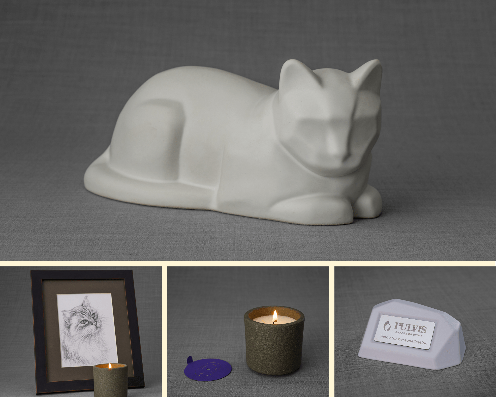 Cat Memorial Bundle - 4 Pieces - Portrait | Urn | Nameplate Holder | Scented Candle - Pulvis Art Urns