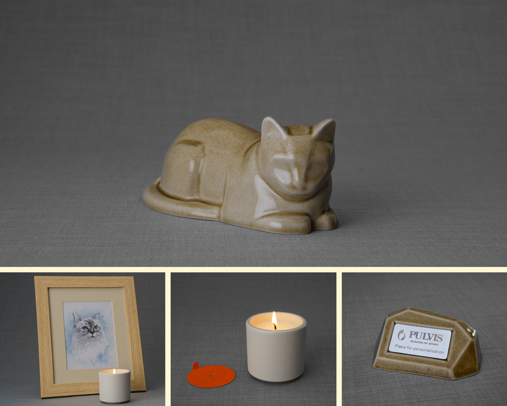 Mini Cat Memorial Bundle - 4 Pieces - Portrait | Urn | Nameplate Holder | Scented Candle - Pulvis Art Urns