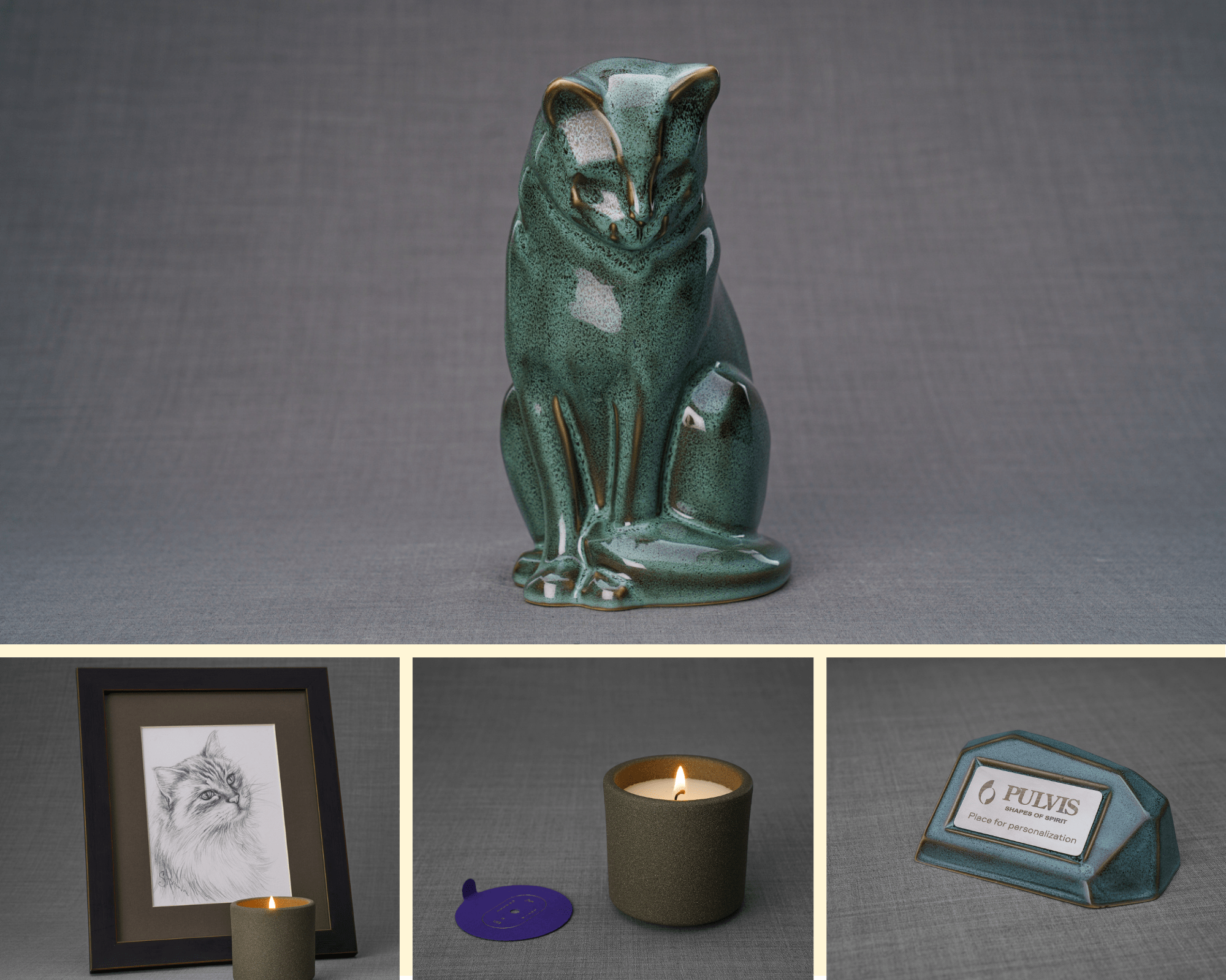 Neko Memorial Bundle - 4 Pieces - Portrait | Urn | Nameplate Holder | Scented Candle - Pulvis Art Urns