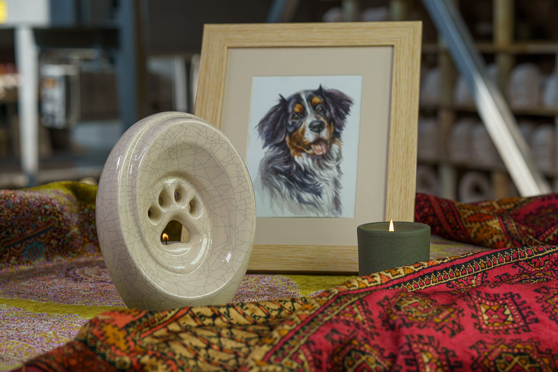 Paw Memorial Bundle - 4 Pieces - Portrait | Urn | Nameplate Holder | Scented Candle - Pulvis Art Urns