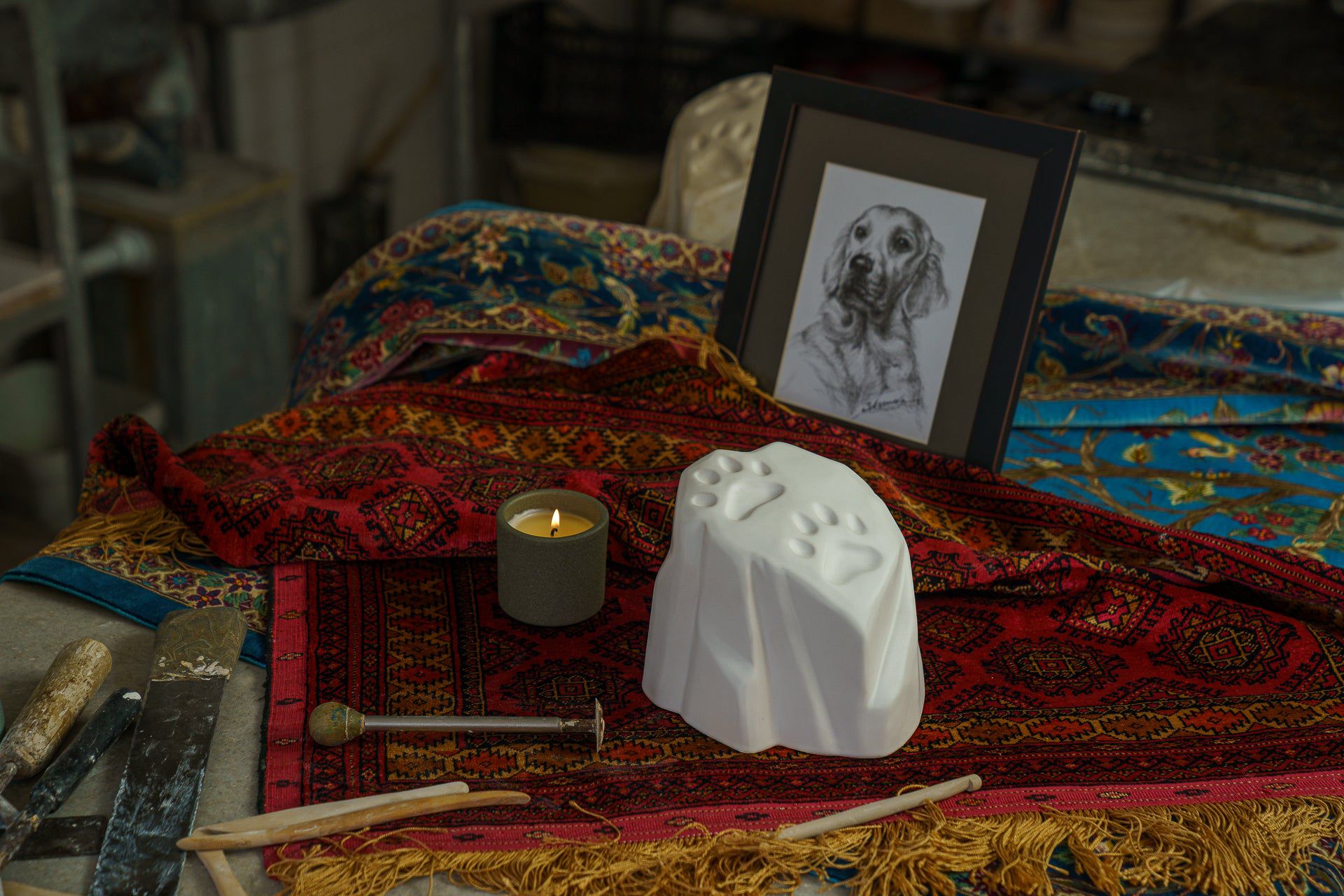 Paw Print Memorial Bundle - 4 Pieces - Portrait | Urn | Nameplate Holder | Scented Candle - Pulvis Art Urns