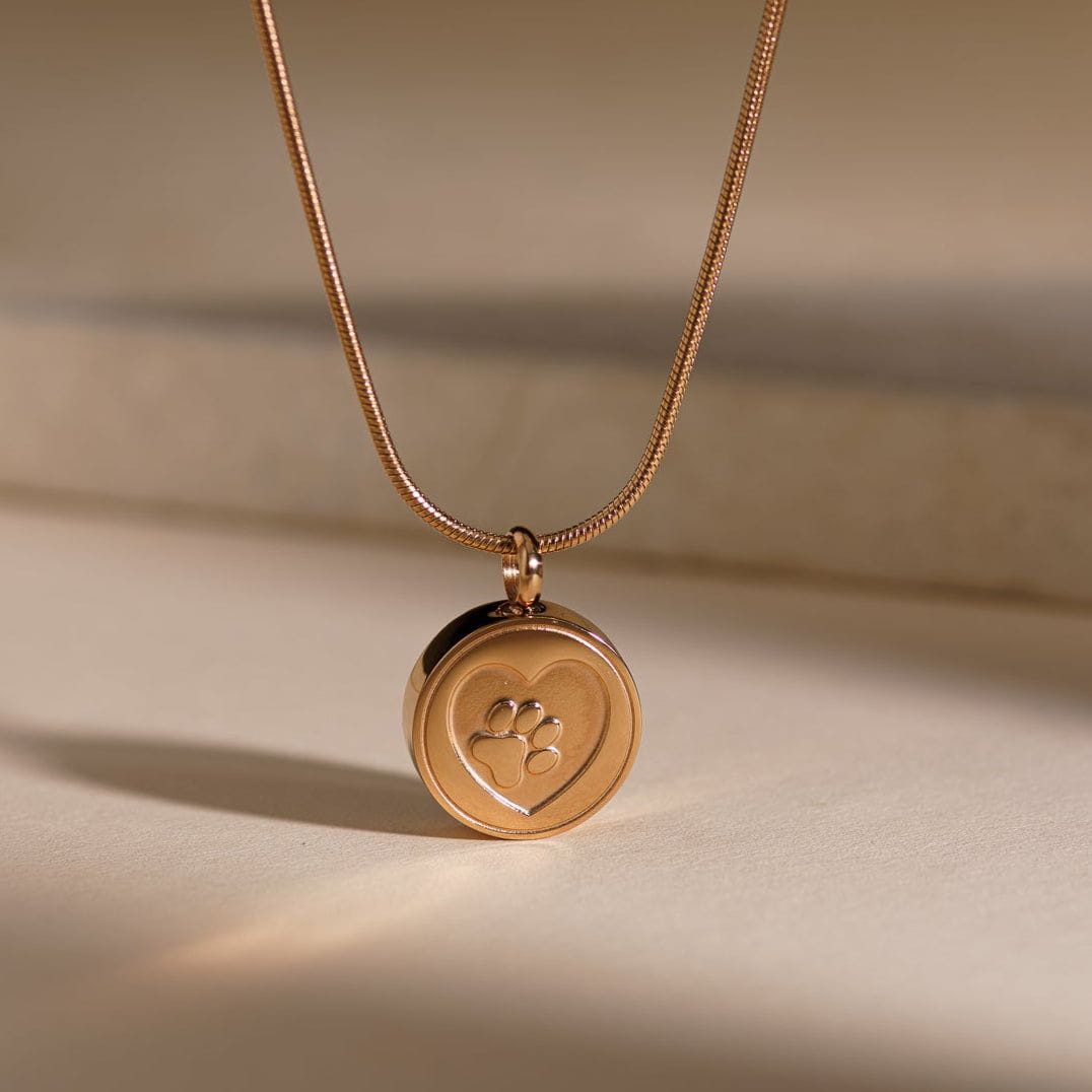 Pet Cremation Necklace – Paw | Stainless Steel | Memorial Jewelry | Brass Finish - Pulvis Art Urns