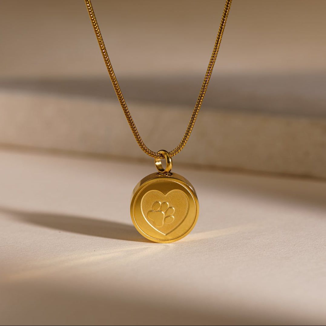 Pet Cremation Necklace – Paw | Stainless Steel | Memorial Jewelry | Gold Finish - Pulvis Art Urns