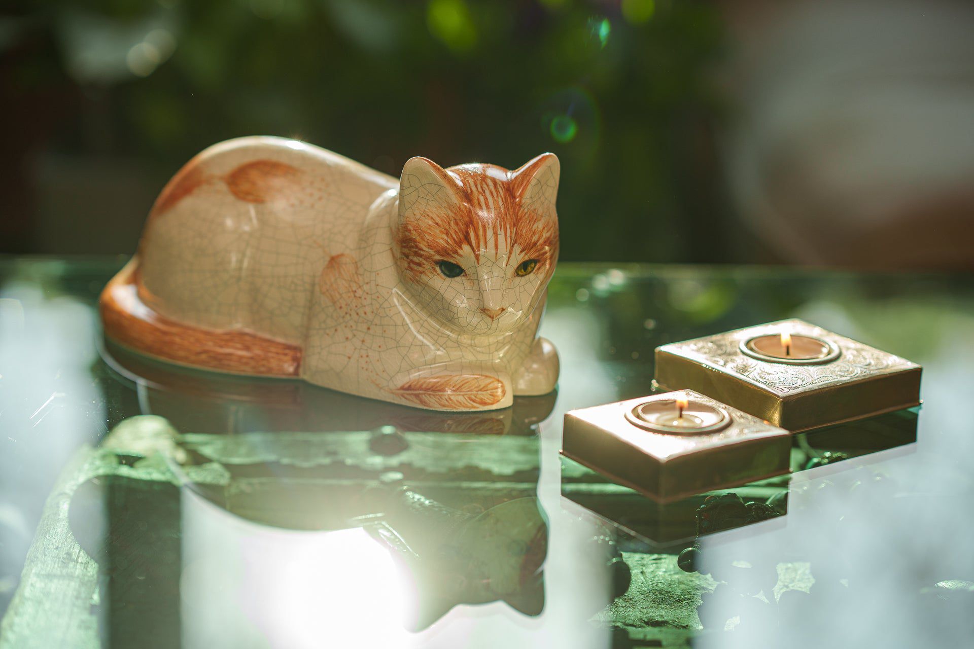 Hand Decorated Cat Urn for Ashes "Feathers" - Ceramic | Handmade Pet Urn - Pulvis Art Urns