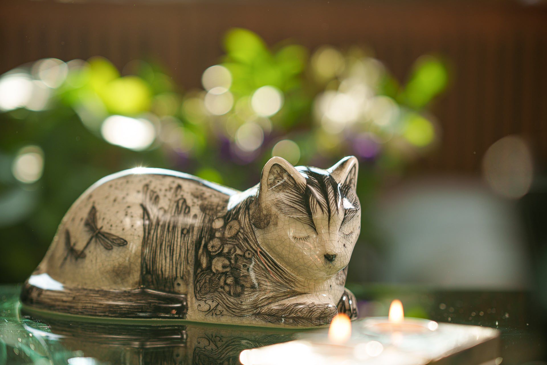 Hand Decorated Cat Urn for Ashes "Mystic" - Ceramic | Handmade Pet Urn - Pulvis Art Urns