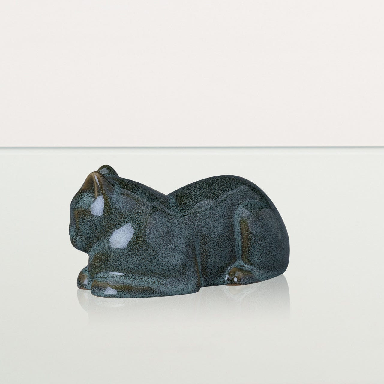 Mini Laying Cat Cremation Urn - Oily Green Melange | Ceramic Pet Urn - Pulvis Art Urns