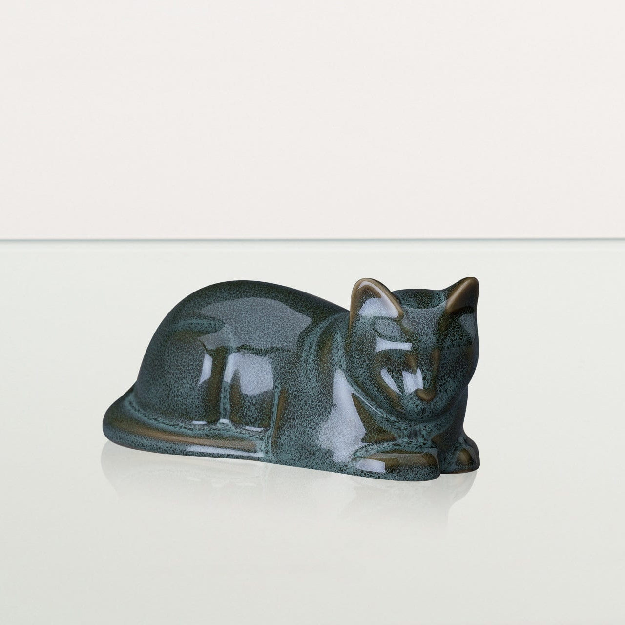 Mini Laying Cat Cremation Urn - Oily Green Melange | Ceramic Pet Urn - Pulvis Art Urns