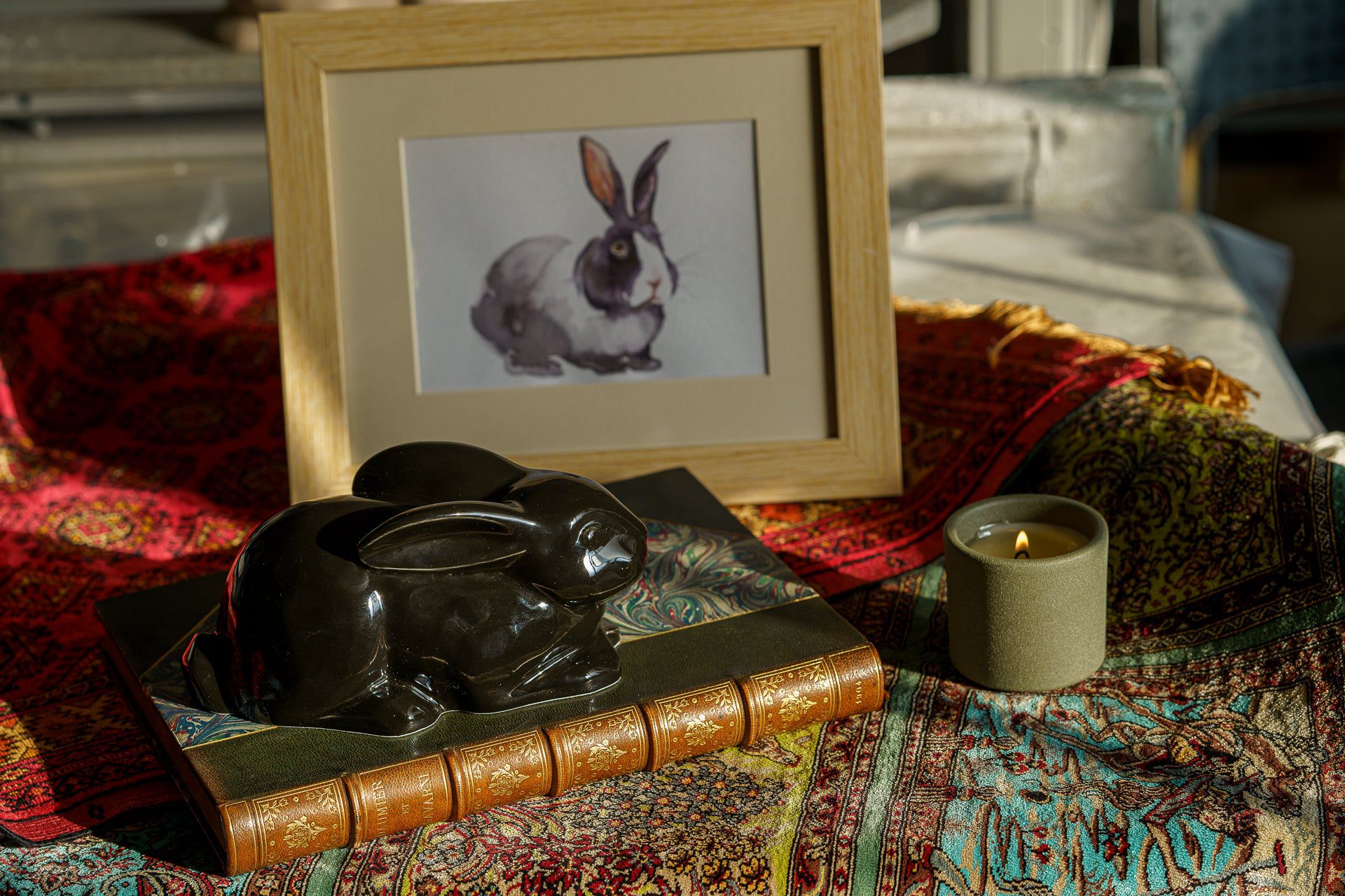 Bunny Memorial Bundle - 4 Pieces - Portrait | Urn | Nameplate Holder | Scented Candle - Pulvis Art Urns