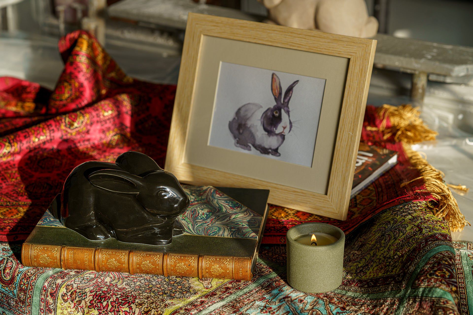 Bunny Memorial Bundle - 4 Pieces - Portrait | Urn | Nameplate Holder | Scented Candle - Pulvis Art Urns